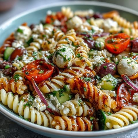 A refreshing Easy Summer Pasta Salad with Italian Dressing, featuring al dente pasta, vibrant veggies, and creamy mozzarella, tossed in tangy Italian dressing for a light meal.