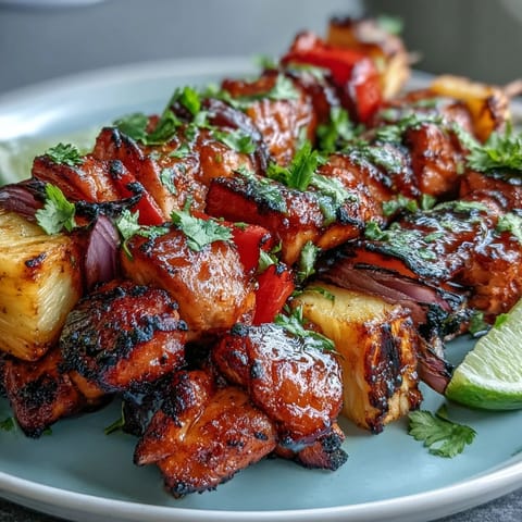 Sweet and savory Grilled Pineapple Chicken Skewers, featuring tender chicken and caramelized pineapple, perfect for outdoor barbecues and cookouts.