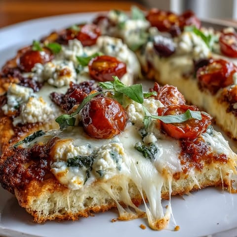 Golden cottage cheese flatbread pizza with melted mozzarella, cherry tomatoes, and spinach, ready to slice and serve.