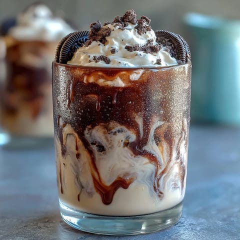 A tall glass of cookies and cream cold brew with whipped cream and crushed cookies on top.