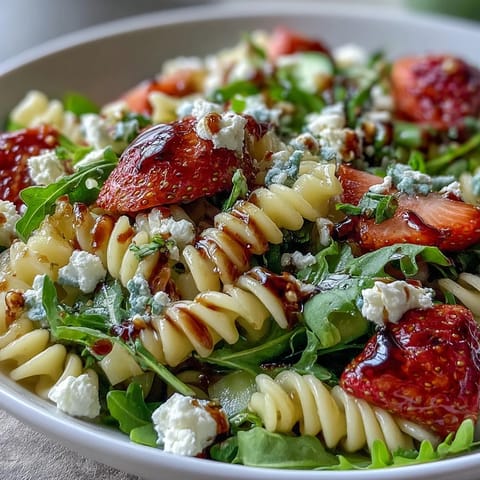 Spring Pasta Salad with Strawberries, Feta, and Arugula: A colorful mix of tender pasta, juicy strawberries, crisp cucumber, and peppery arugula, tossed in a tangy balsamic-honey dressing and topped with creamy feta and fresh basil.