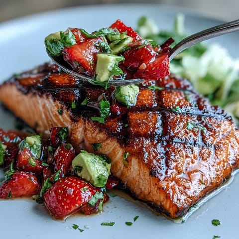 Flaky grilled salmon crowned with colorful strawberry avocado salsa, an irresistible seafood delight.
