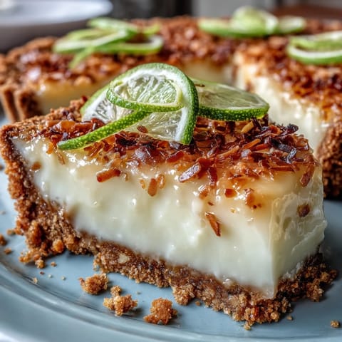 Close-up of Coconut Lime Tart with graham cracker crust, bright green filling.