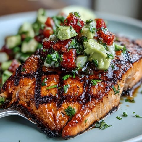Juicy grilled salmon topped with sweet strawberry avocado salsa, perfect summer main.