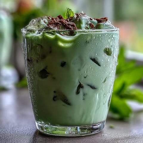 Mother's Day Iced Matcha Latte with Vanilla Cold Foam, creamy, layered, and topped with clouds.