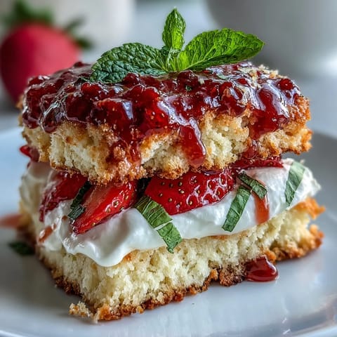 Golden Strawberry Basil Shortcake Biscuits with fresh whipped cream piled high.