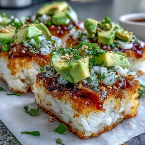 Bright Crispy Rice Salad with Spicy Tuna and creamy avocado topping.