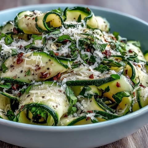Fresh shaved zucchini ribbon salad with tangy lemon dressing and nutty Parmesan cheese.