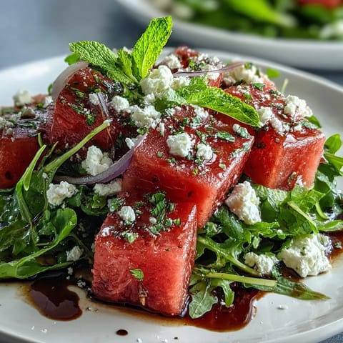 Vibrant Watermelon Feta Arugula Salad, perfect for a light summer side dish.