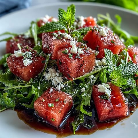Juicy watermelon, peppery arugula, feta, and balsamic reduction star in this refreshing salad.