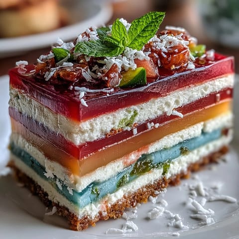 Vibrant agar-agar rainbow jelly cake with creamy coconut layers, a refreshing dessert.