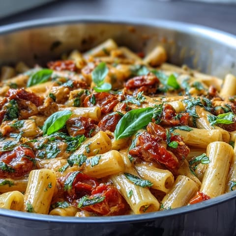 Creamy tomato basil pasta, a simmering comfort topped with fresh basil.