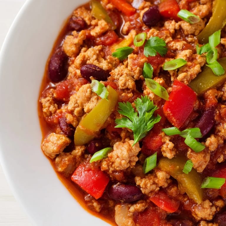 A close-up shot of rich and hearty turkey chili, simmering with flavorful spices.