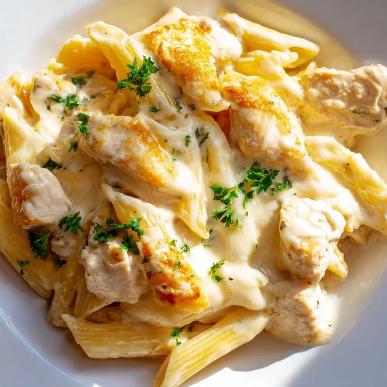 A comforting photo showing a cheesy Chicken Alfredo Bake, with visible chicken and penne.