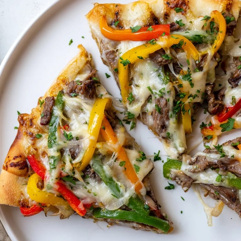 Golden-crusted Philly cheesesteak pizza, loaded with melted provolone and mozzarella, fresh from the oven, looks delicious.