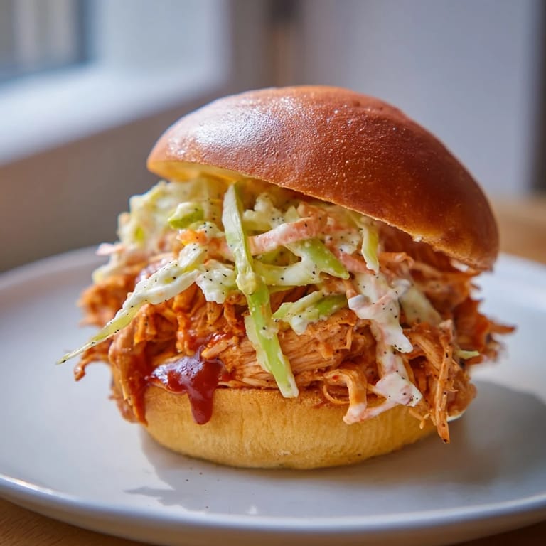 A flavorful BBQ Chicken Sandwich with vibrant coleslaw, ready to enjoy alongside a summer picnic.