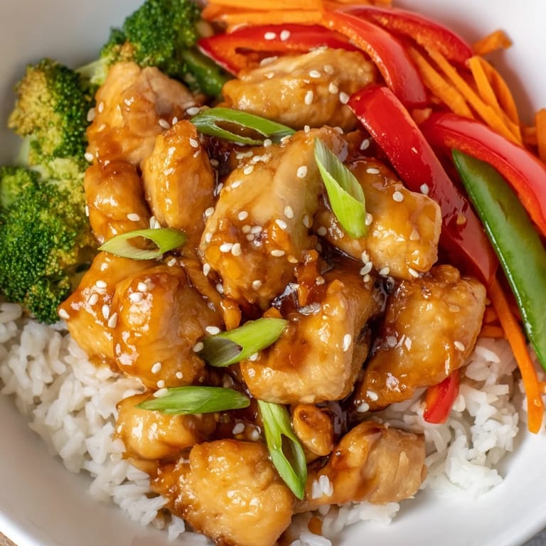 A steaming bowl filled with teriyaki chicken, tender chicken pieces, rice, and fresh, crispy vegetables.