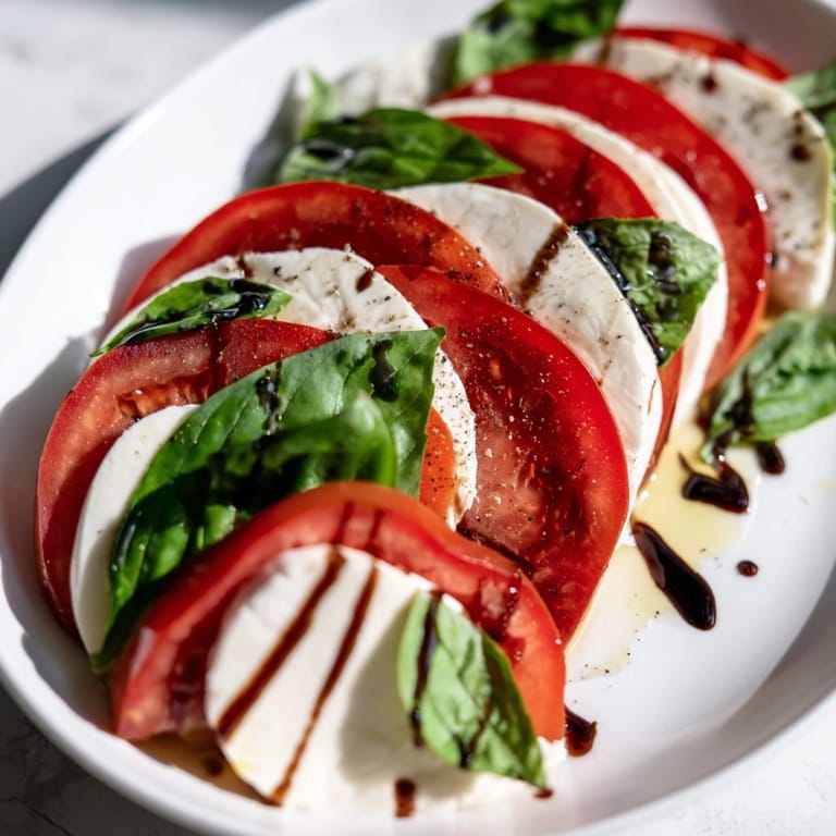 Vibrant Caprese Salad, a simple Italian-American dish with fresh ingredients and drizzled olive oil.