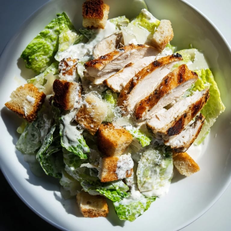 Freshly made Chicken Caesar Salad, topped with Parmesan and golden croutons, ready to enjoy.