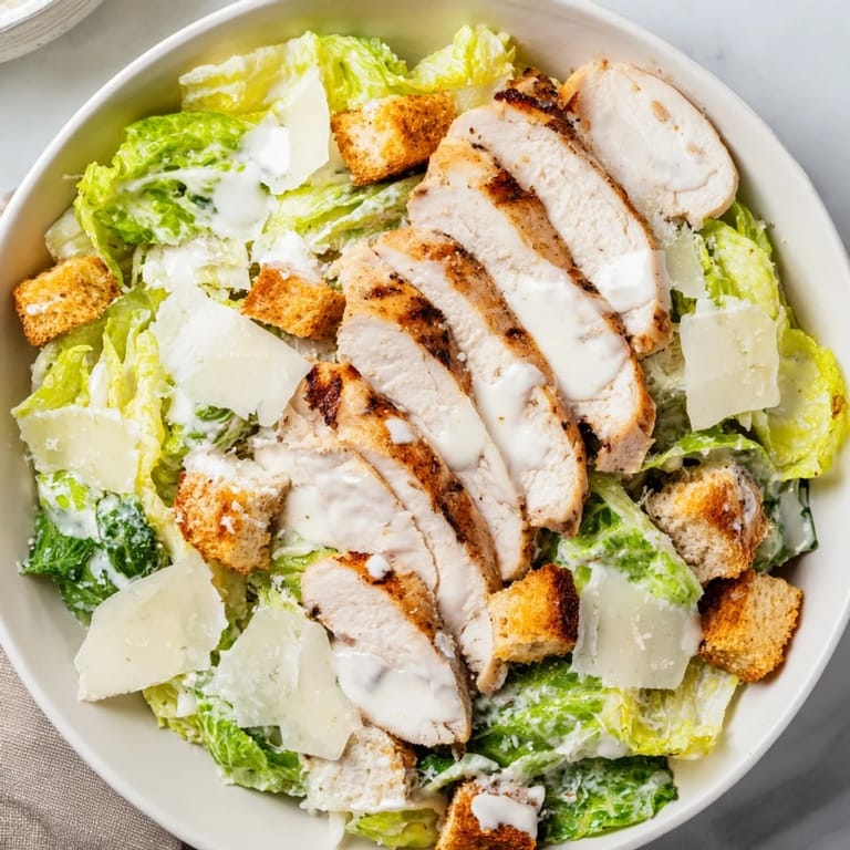 Close-up of a delicious Chicken Caesar Salad featuring juicy chicken and a rich, creamy sauce.