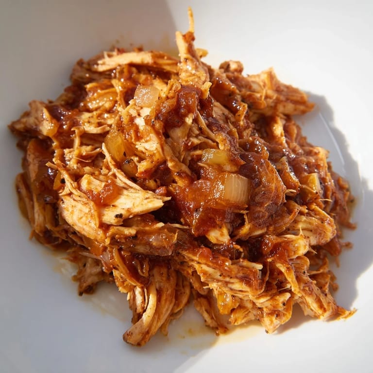 Generous serving of BBQ Pulled Chicken, showcasing tender shreds with a rich, smoky glaze.