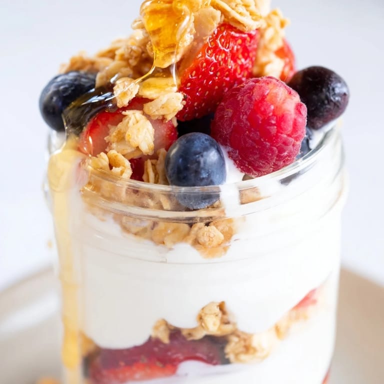 Showcasing a beautiful berry parfait: perfect for a simple, yet healthy breakfast with fresh ingredients.