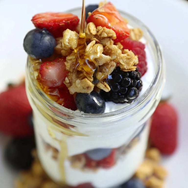 Homemade berry parfait: a delightful breakfast or dessert with colorful berries, yogurt, and granola.