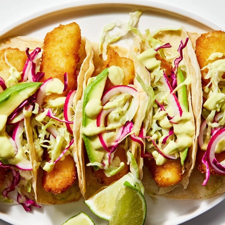 A close-up of fresh Baja Fish Tacos piled high with vibrant toppings, hinting at a zesty flavor.