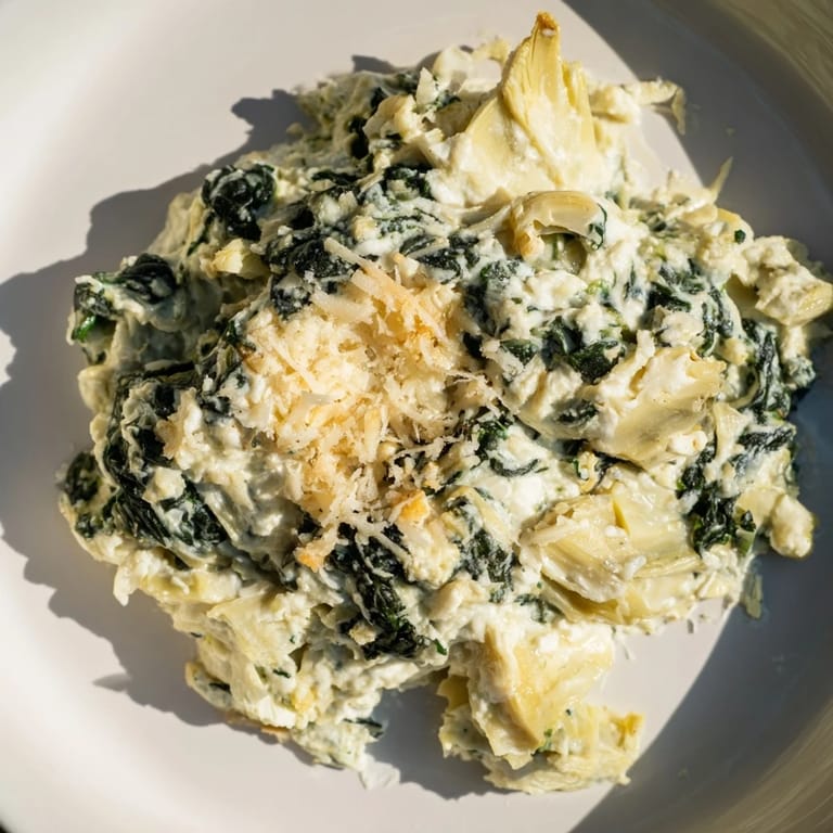 Warm, creamy Spinach Artichoke Dip with melted cheese, served alongside toasted bread slices.