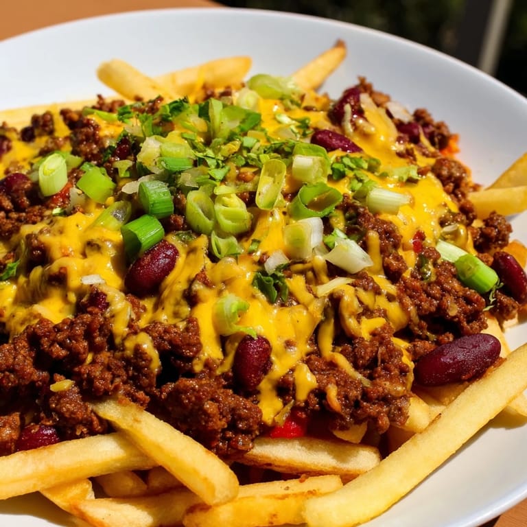 Close-up of bubbling, cheesy Chili Cheese Fries, the ultimate crowd-pleasing comfort food.