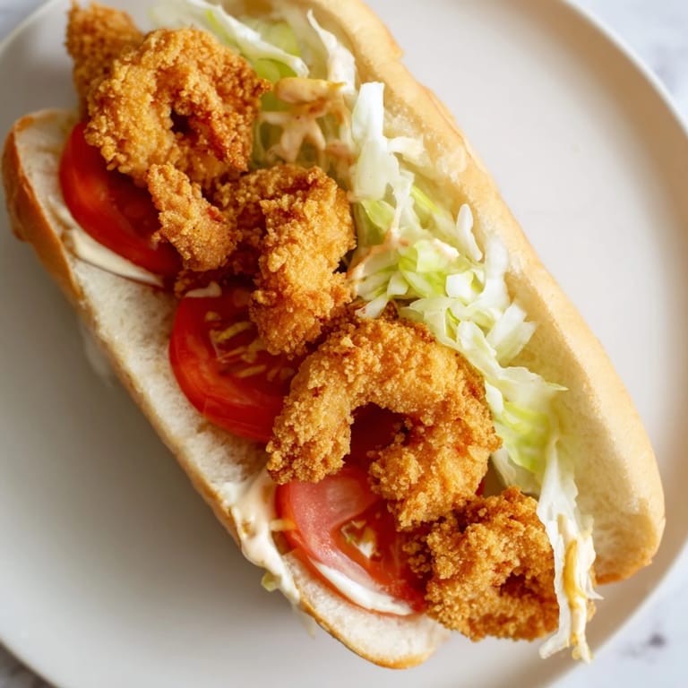 This mouthwatering Shrimp Po Boy showcases crispy fried shrimp piled high with creamy mayo and a soft roll.