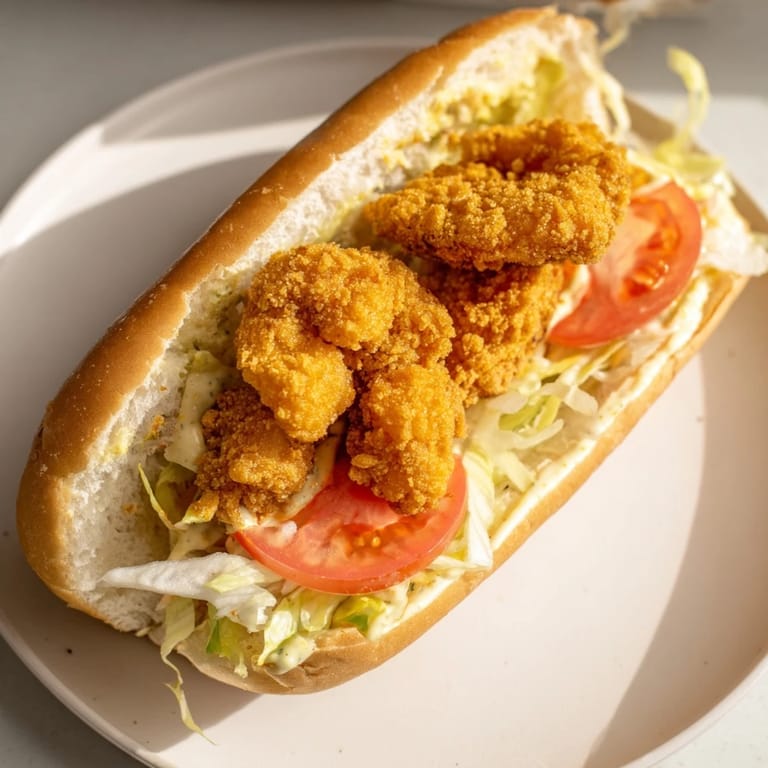 The perfect Shrimp Po Boy: a close-up photo of the classic Louisiana sandwich ready to eat with a lemon wedge.
