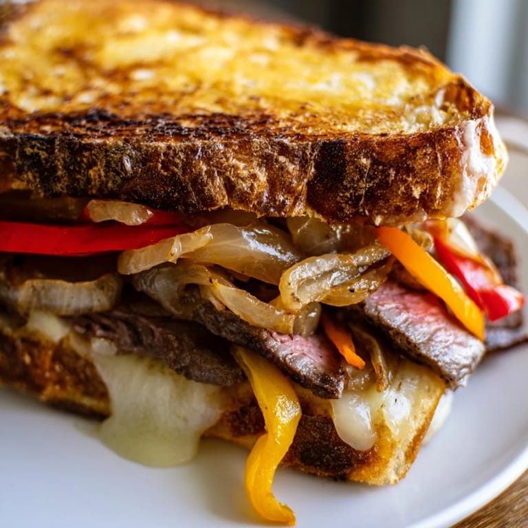 A close-up of a Philly cheesesteak grilled cheese sandwich, featuring a crispy crust and gooey, molten provolone.