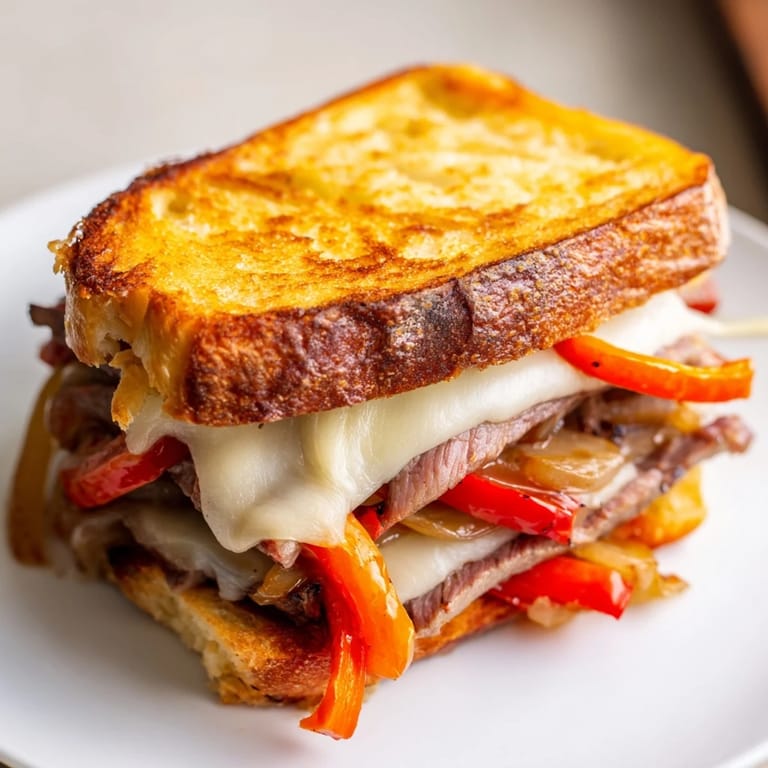 Philly cheesesteak grilled cheese on a cutting board, served with fries and a side salad for a hearty meal.