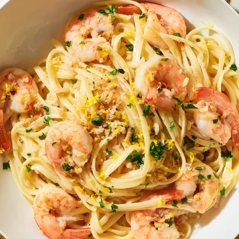 Al dente linguine tossed with plump, pink shrimp coated in a glistening garlic butter lemon sauce.