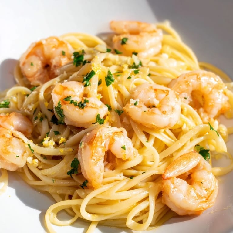 Garlic butter shrimp linguine served hot in a skillet, topped with a sprinkle of Parmesan cheese.
