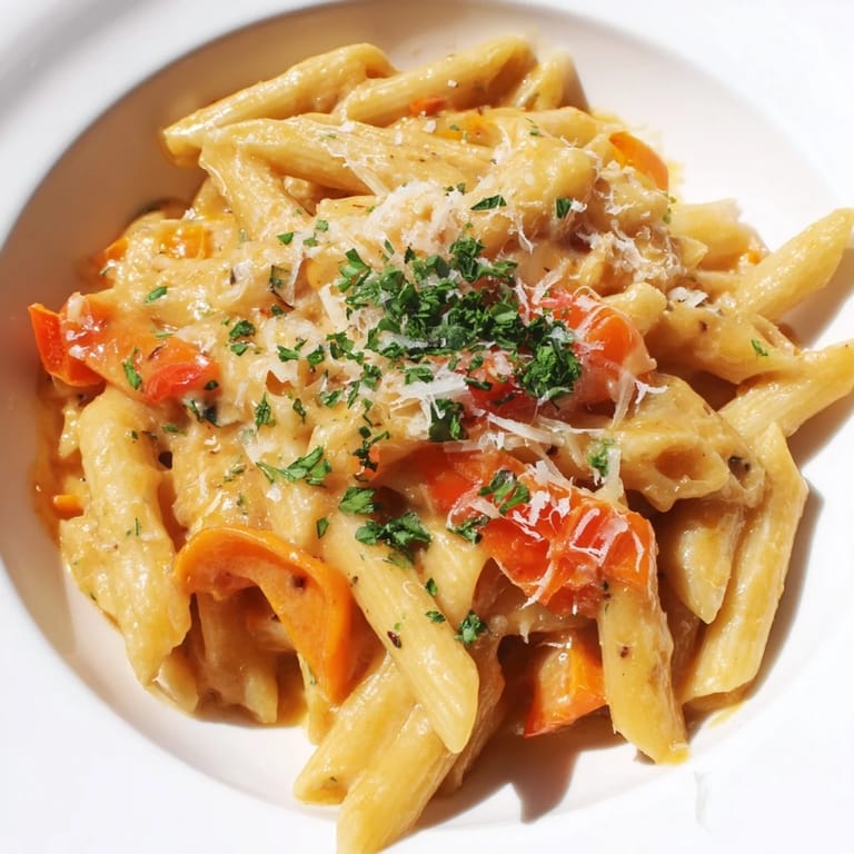 Steaming Creamy Cajun Pasta in a shallow bowl shows the colorful roasted bell peppers and herbs mixed throughout the creamy, spice-infused dish.