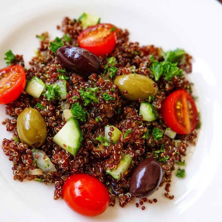 Hearty Greek Power Salad in a bowl, topped with Kalamata olives, red onion, fresh parsley, and crumbled feta cheese.