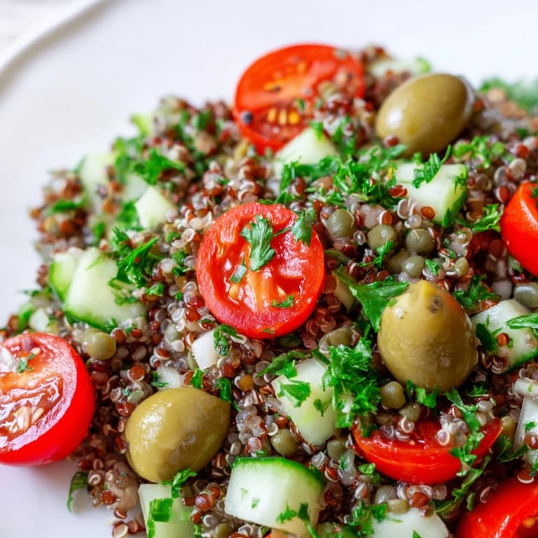 Close-up of Greek Power Salad showing chickpeas, diced bell pepper, and lentils, ready for a nutritious lunch or light dinner.