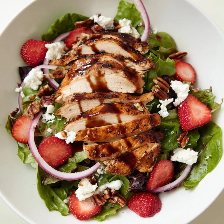 Fresh honey balsamic chicken salad with juicy grilled chicken, ripe strawberry slices, crumbled goat cheese, and toasted pecans on vibrant mixed greens.