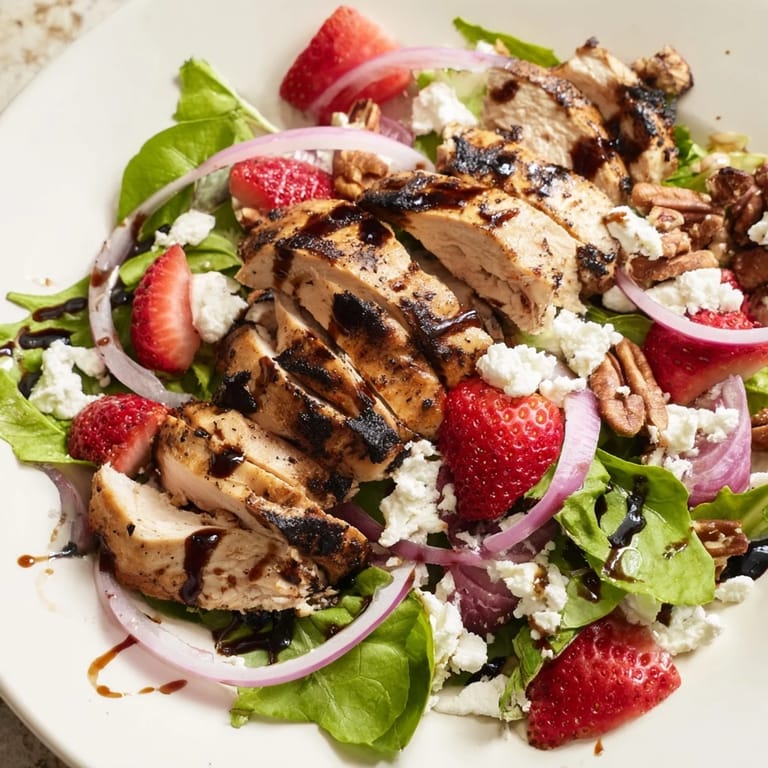 Savory and sweet salad featuring tender grilled chicken, sliced strawberries, goat cheese, and a drizzle of rich honey balsamic glaze over greens.