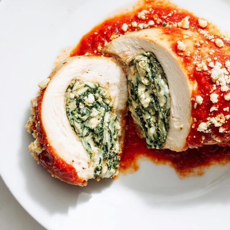 Stuffed chicken breasts with spinach ricotta filling, baked in tomato sauce and garnished with fresh basil.