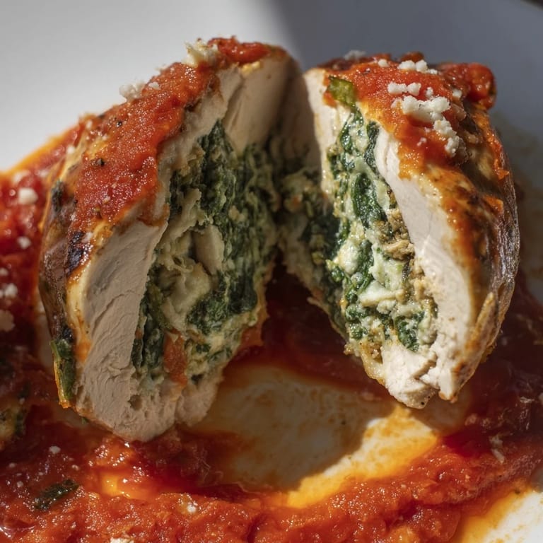 Spinach Ricotta Stuffed Chicken, gluten-free and high-protein, ready to serve with crusty bread or pasta.