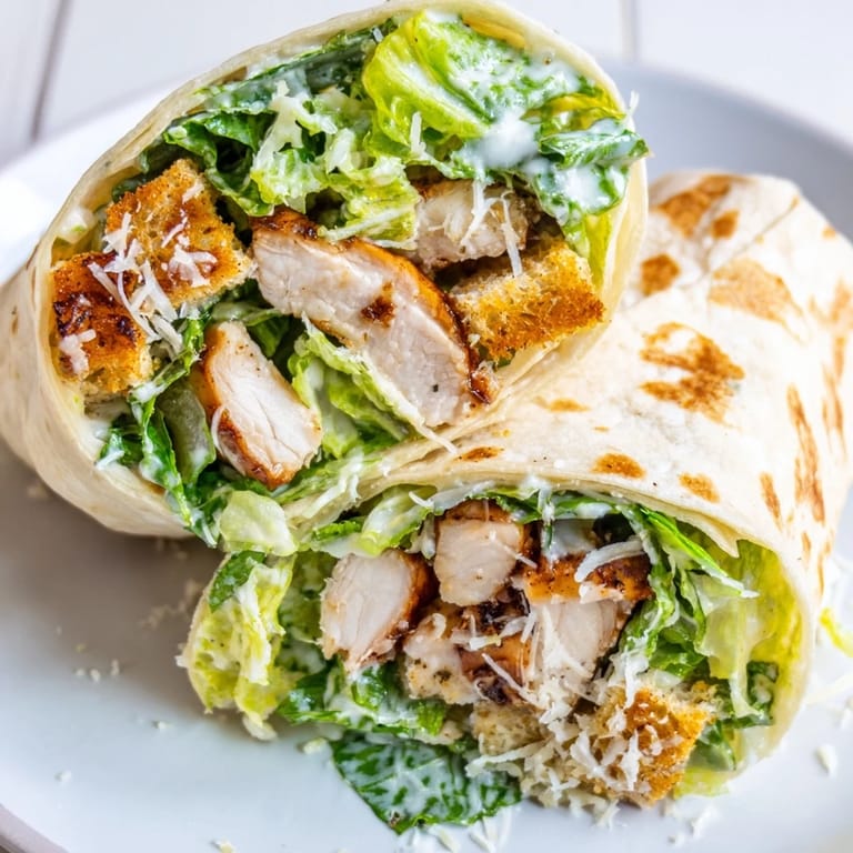 Caesar Chicken Salad Wrap showcases creamy Caesar dressing, parmesan, and crunchy croutons in a satisfying lunch wrap.