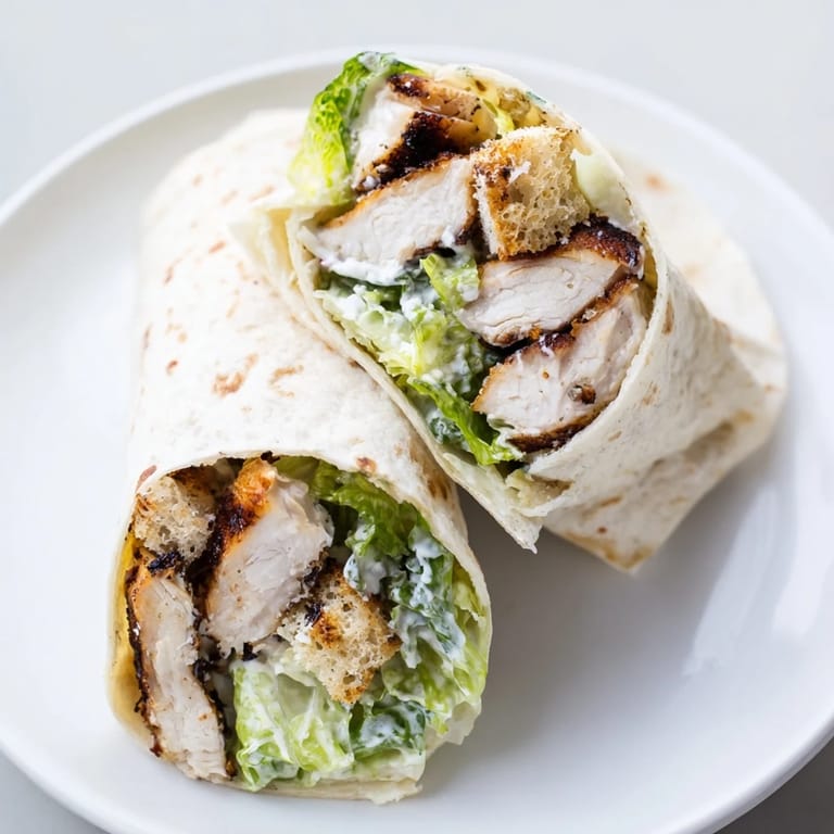 Juicy grilled chicken and fresh romaine are tightly rolled in a tortilla, forming a Caesar Chicken Salad Wrap.