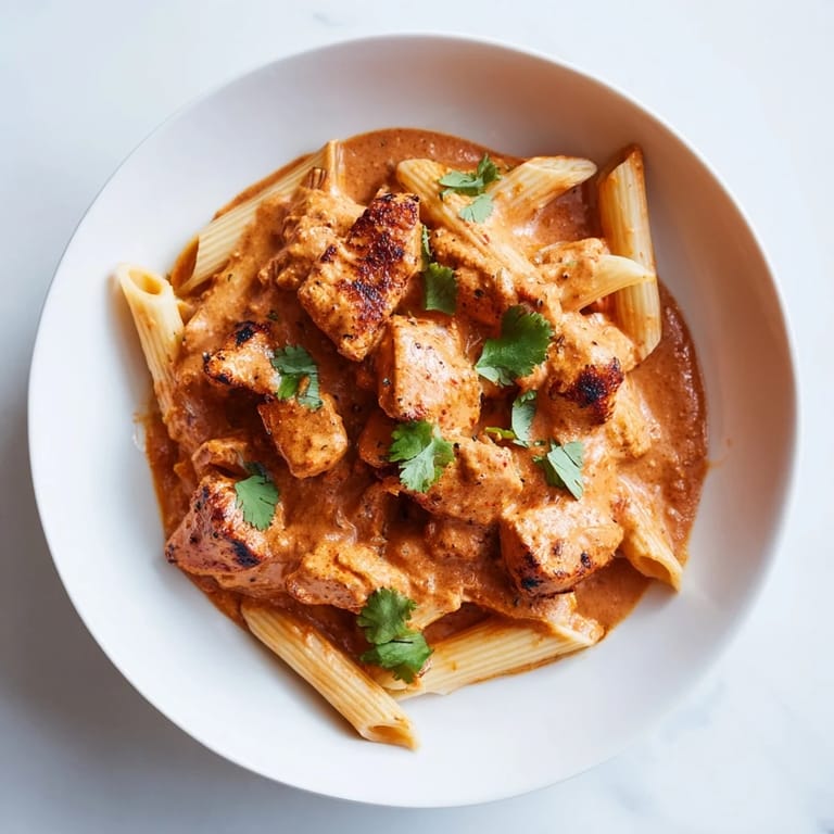 Chicken Tikka Pasta served hot, with a swirl of cream and fresh cilantro on top.