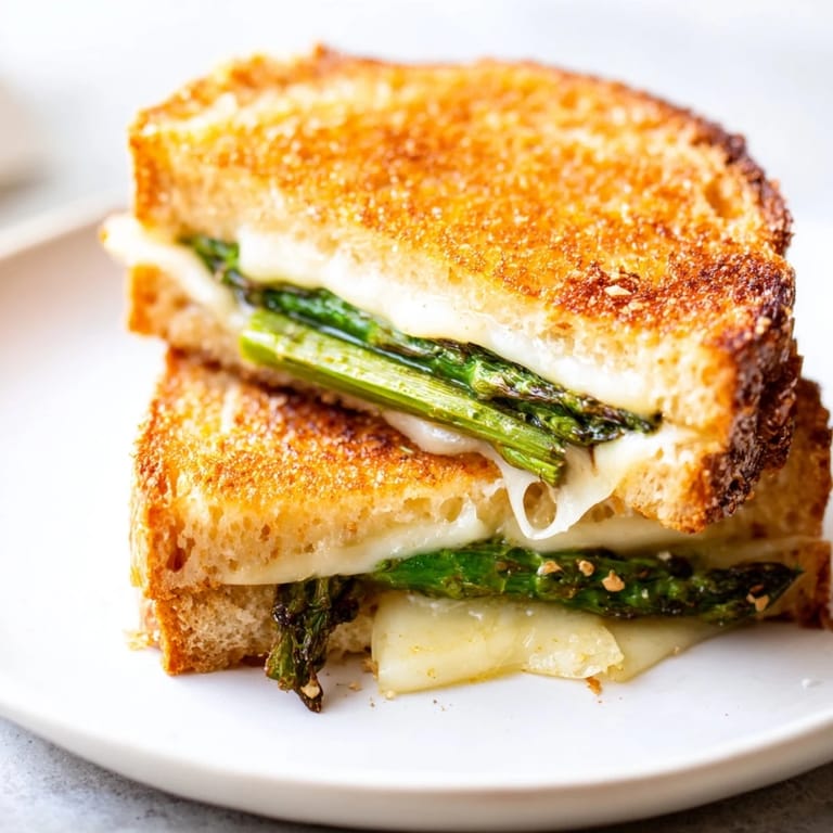 Asparagus & Brie Grilled Cheese is served cut in half, showing gooey cheese and grilled green spears, ideal for lunch.