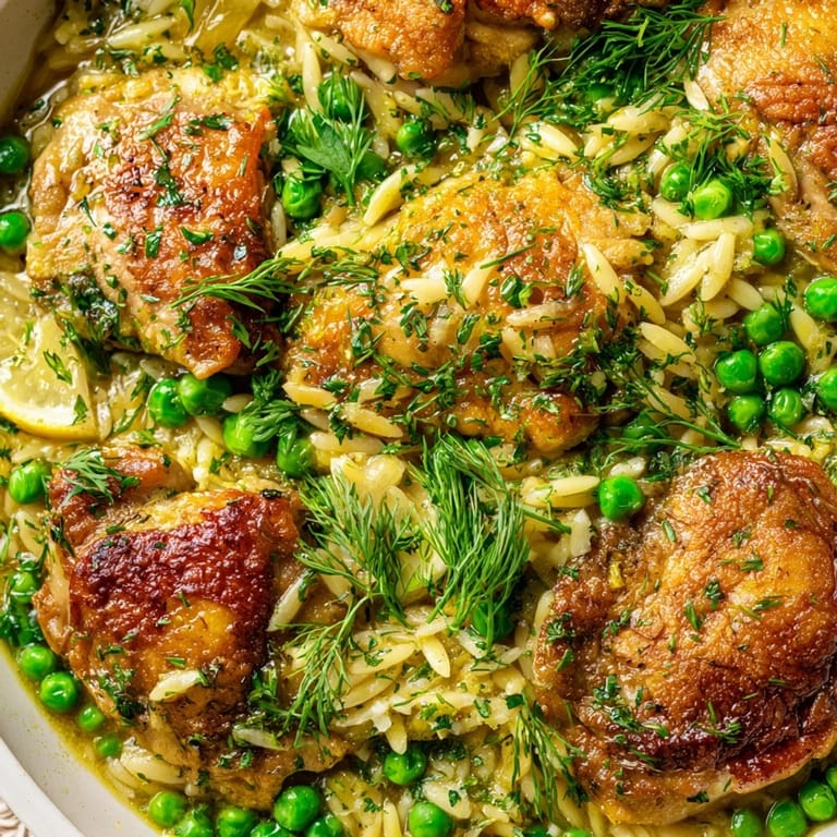 A close-up of Lemon Herb Chicken Orzo Skillet bubbling in a pan, showcasing tender chicken thighs and bright yellow lemon zest for a Mediterranean-inspired dinner.