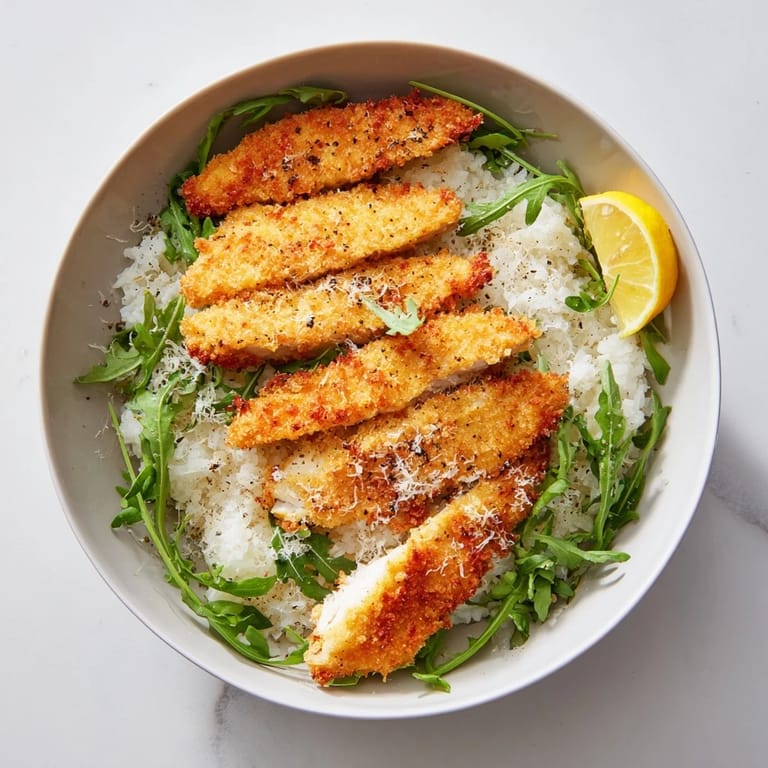 Crispy Parmesan Chicken Cutlet Bowl featuring golden breaded chicken, steamed rice, and a bright squeeze of fresh lemon.