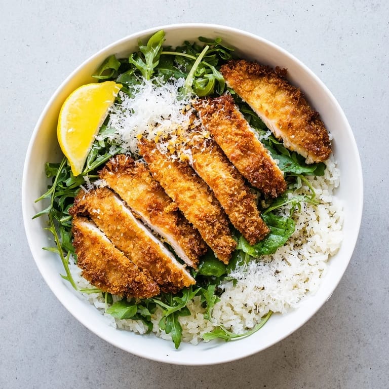 A vibrant Crispy Parmesan Chicken Cutlet Bowl with crunchy cutlets, arugula, and lemon, served warm for a comforting meal.